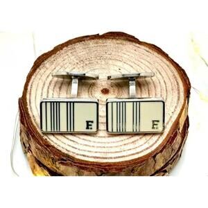 Vintage Façonnable Cufflinks – Rectangular Silver Tone with Cream Enamel